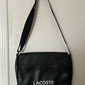 Lacoste Black Leather-Style Messenger Bag with White Logo